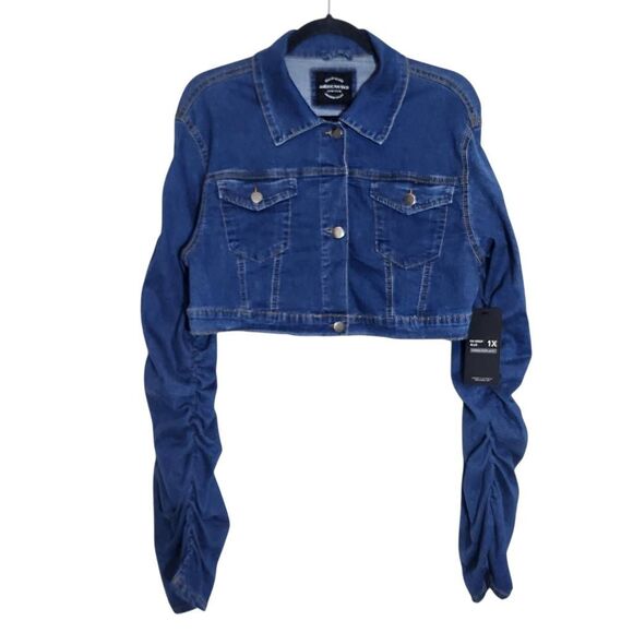 American Bazi Cropped Denim Jacket Size 1X NWT Scrunched Sleeve Jean Jacket - Picture 1 of 10